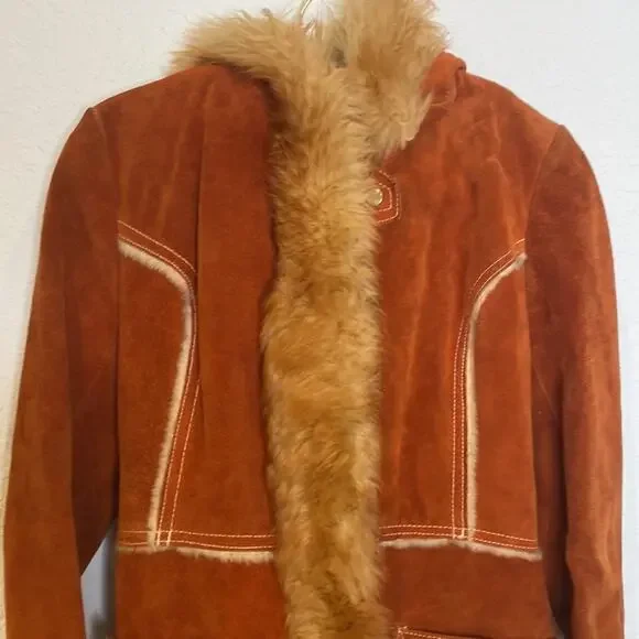 Vintage Penny Lane Rust Colored Suede Coat w/ Faux Fur Trim Snap Closure Sz XS - Picture 2 of 16